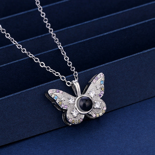 Colorful Diamond Butterfly Projection Necklace