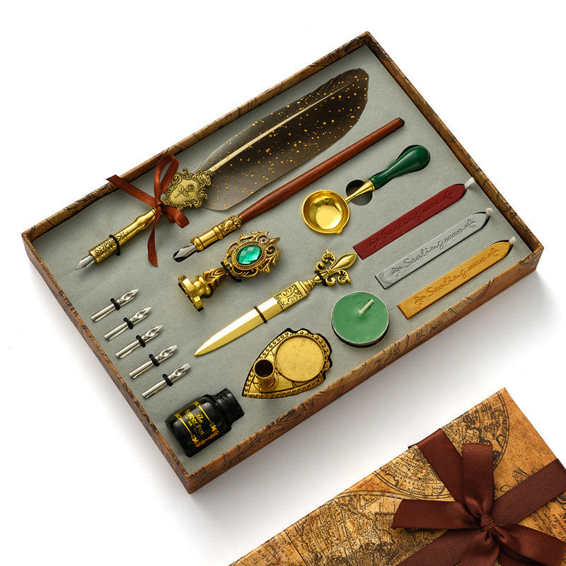 Antique Feather Wooden Dip Pen Set
