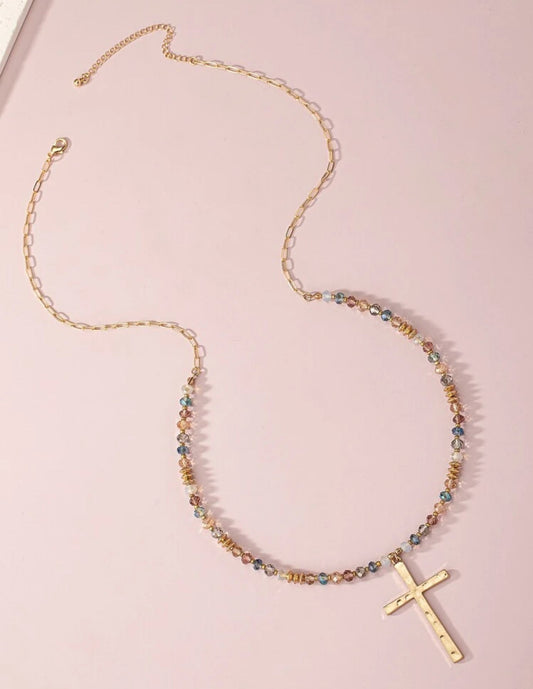 Beautiful Gold and Colorful Beaded Cross Necklace