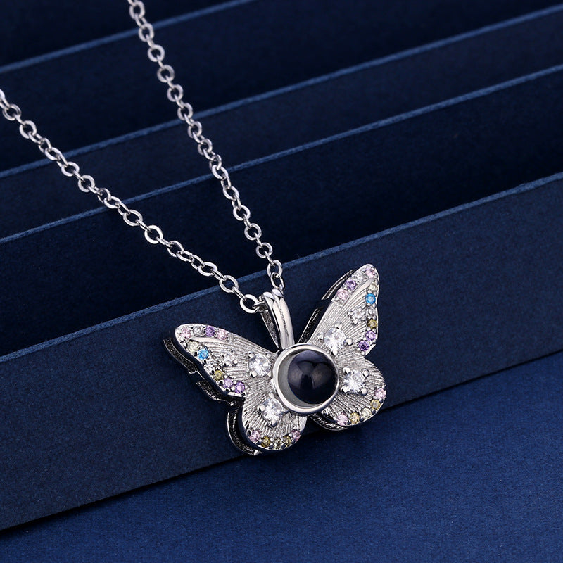 Colorful Diamond Butterfly Projection Necklace