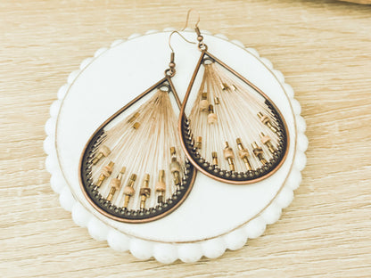 Large String and Wood Drop Earrings