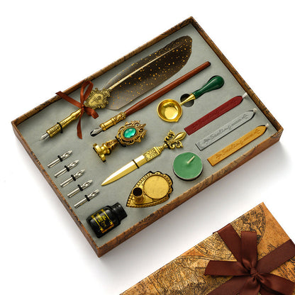 Antique Feather Wooden Dip Pen Set