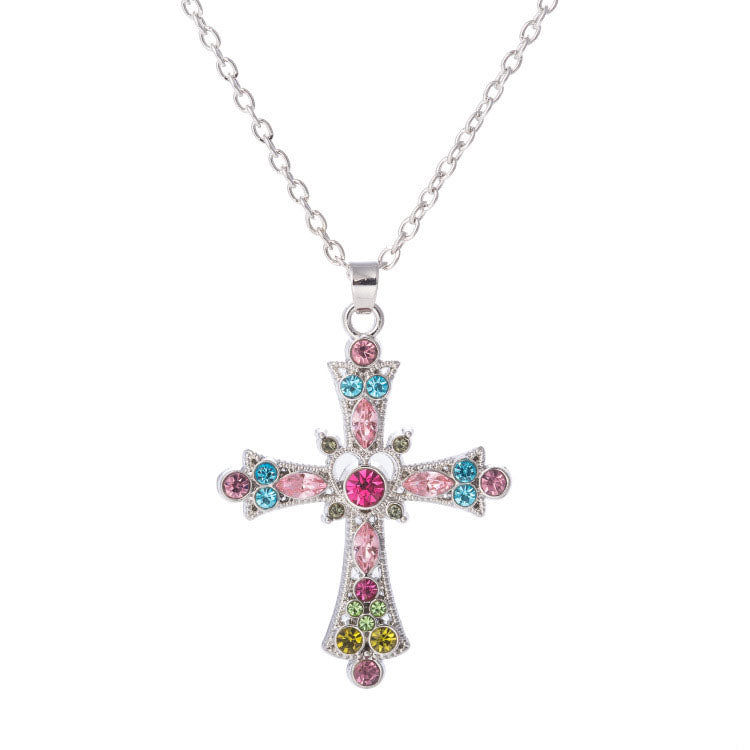 Bohemian Style Crystal Diamond Color Cross Necklace