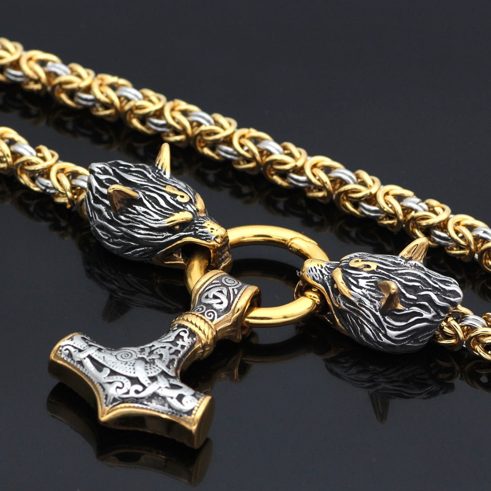Men stainless steel Wolf head norse viking amulet necklace