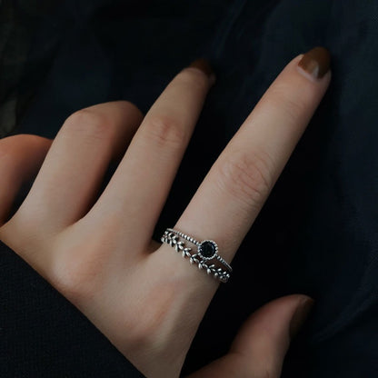 Square S925 Sterling Silver Black Zircon Leaf Ring Women's Design Minority Ring Fashion Personality Index Finger Ring