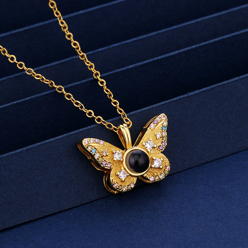 Colorful Diamond Butterfly Projection Necklace