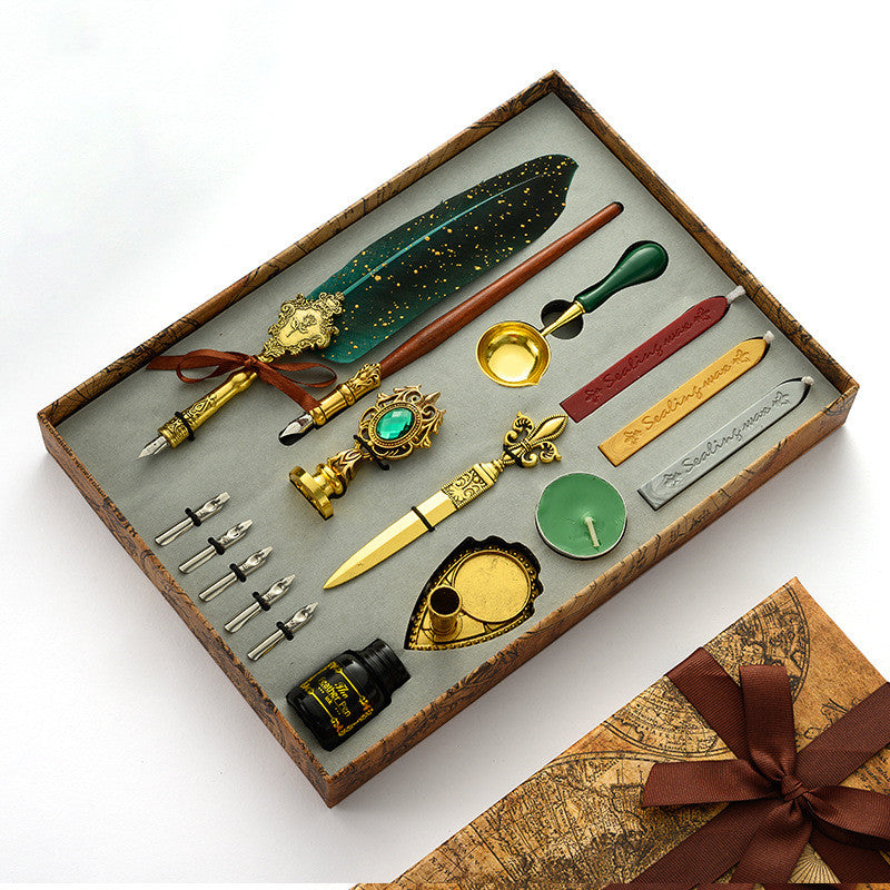 Antique Feather Wooden Dip Pen Set