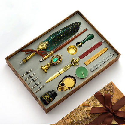 Antique Feather Wooden Dip Pen Set