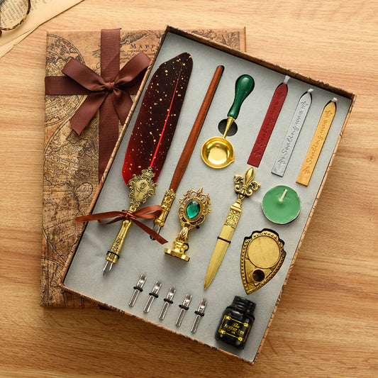 Antique Feather Wooden Dip Pen Set