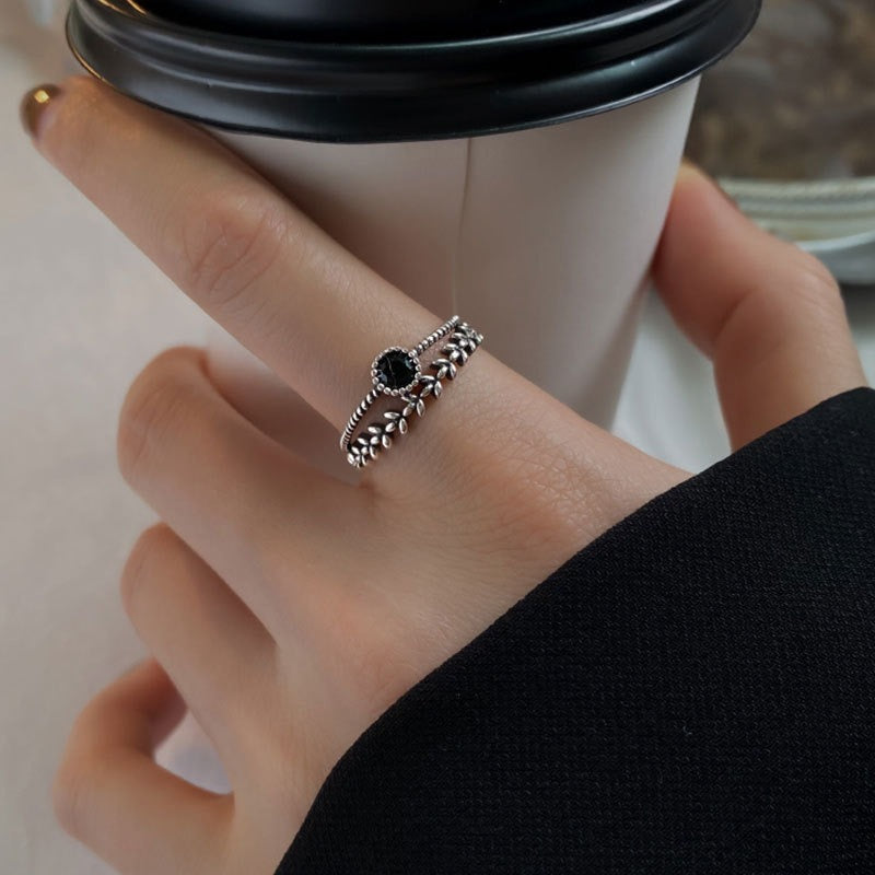 Square S925 Sterling Silver Black Zircon Leaf Ring Women's Design Minority Ring Fashion Personality Index Finger Ring