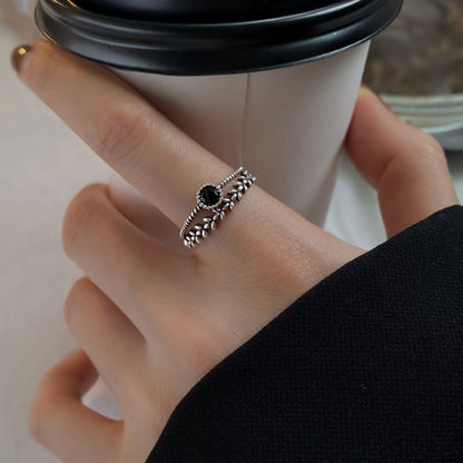 Square S925 Sterling Silver Black Zircon Leaf Ring Women's Design Minority Ring Fashion Personality Index Finger Ring