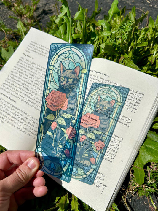 Black Cat Stained Glass Roses Bookmark