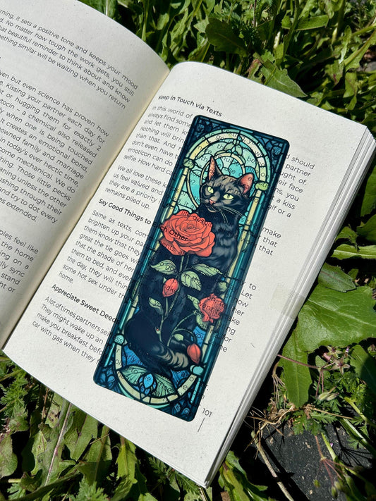 Black Cat Stained Glass Roses Bookmark