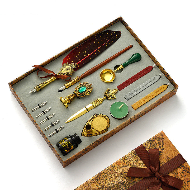 Antique Feather Wooden Dip Pen Set