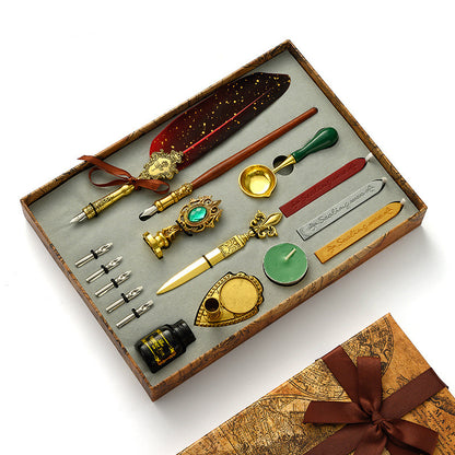 Antique Feather Wooden Dip Pen Set