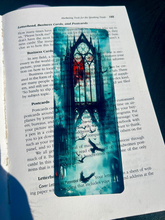 Gothic cathedral and ravens bookmark
