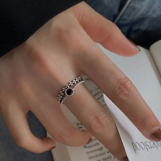Square S925 Sterling Silver Black Zircon Leaf Ring