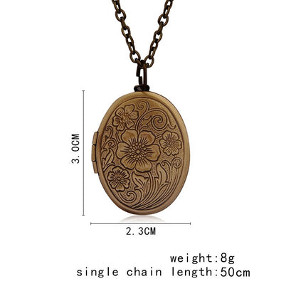 Oval Carved Flower Stripe Locket Pendant Necklace