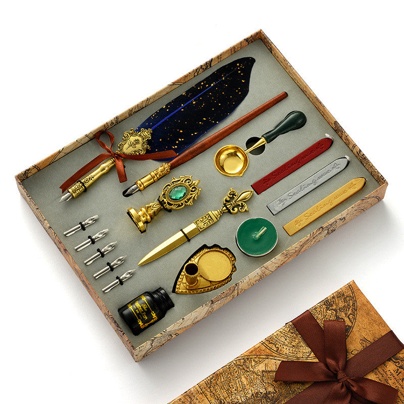 Antique Feather Wooden Dip Pen Set