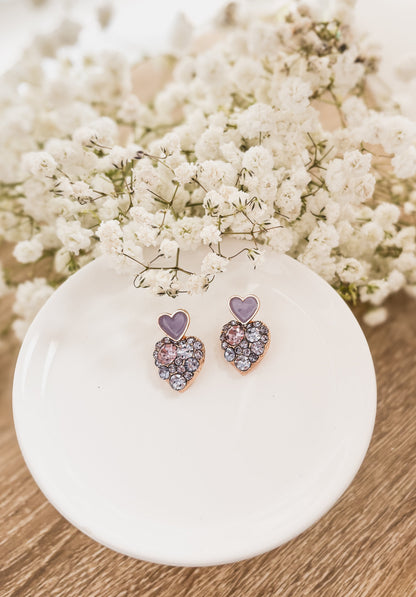 Beautiful Gold and Purple Crystal Heart Earrings