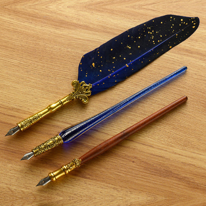 Antique Feather Wooden Dip Pen Set