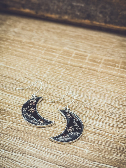 Midnight Moon Crescent Earrings with Pressed Flowers