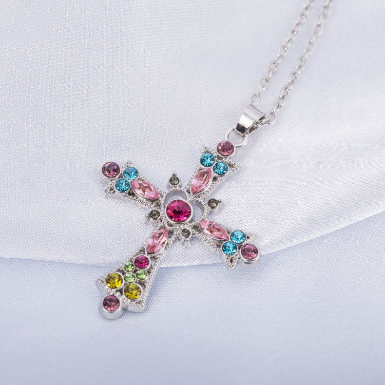 Bohemian Style Crystal Diamond Color Cross Necklace