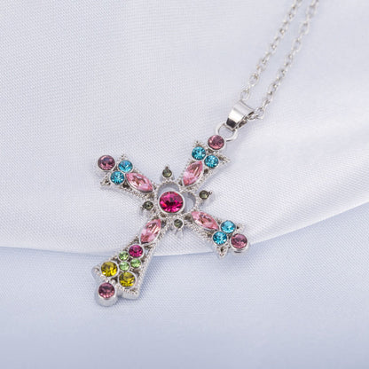 Bohemian Style Crystal Diamond Color Cross Necklace