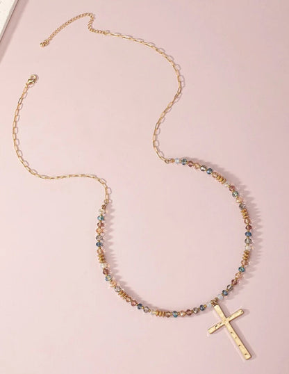 Beautiful Gold and Colorful Beaded Cross Necklace