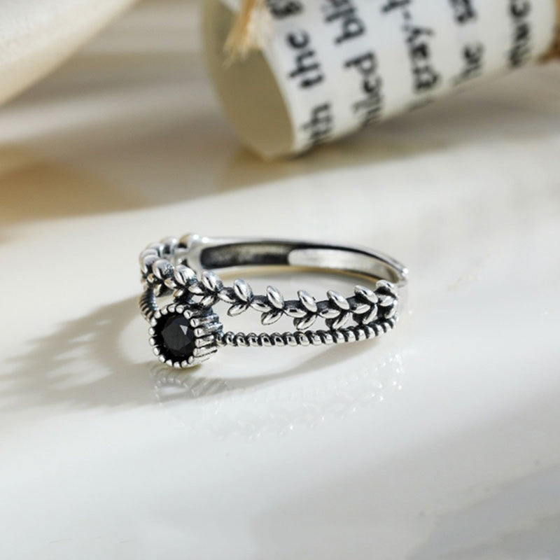 Square S925 Sterling Silver Black Zircon Leaf Ring Women's Design Minority Ring Fashion Personality Index Finger Ring