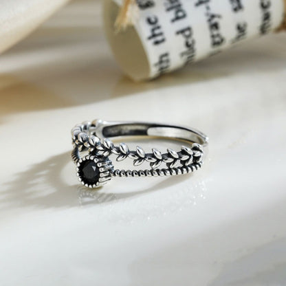 Square S925 Sterling Silver Black Zircon Leaf Ring Women's Design Minority Ring Fashion Personality Index Finger Ring