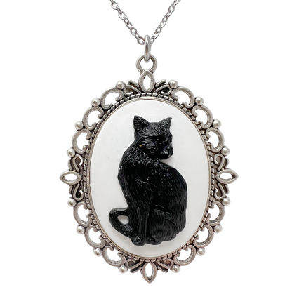 Gothic Black Cat Necklace Victorian Cameo Witchy Jewelry