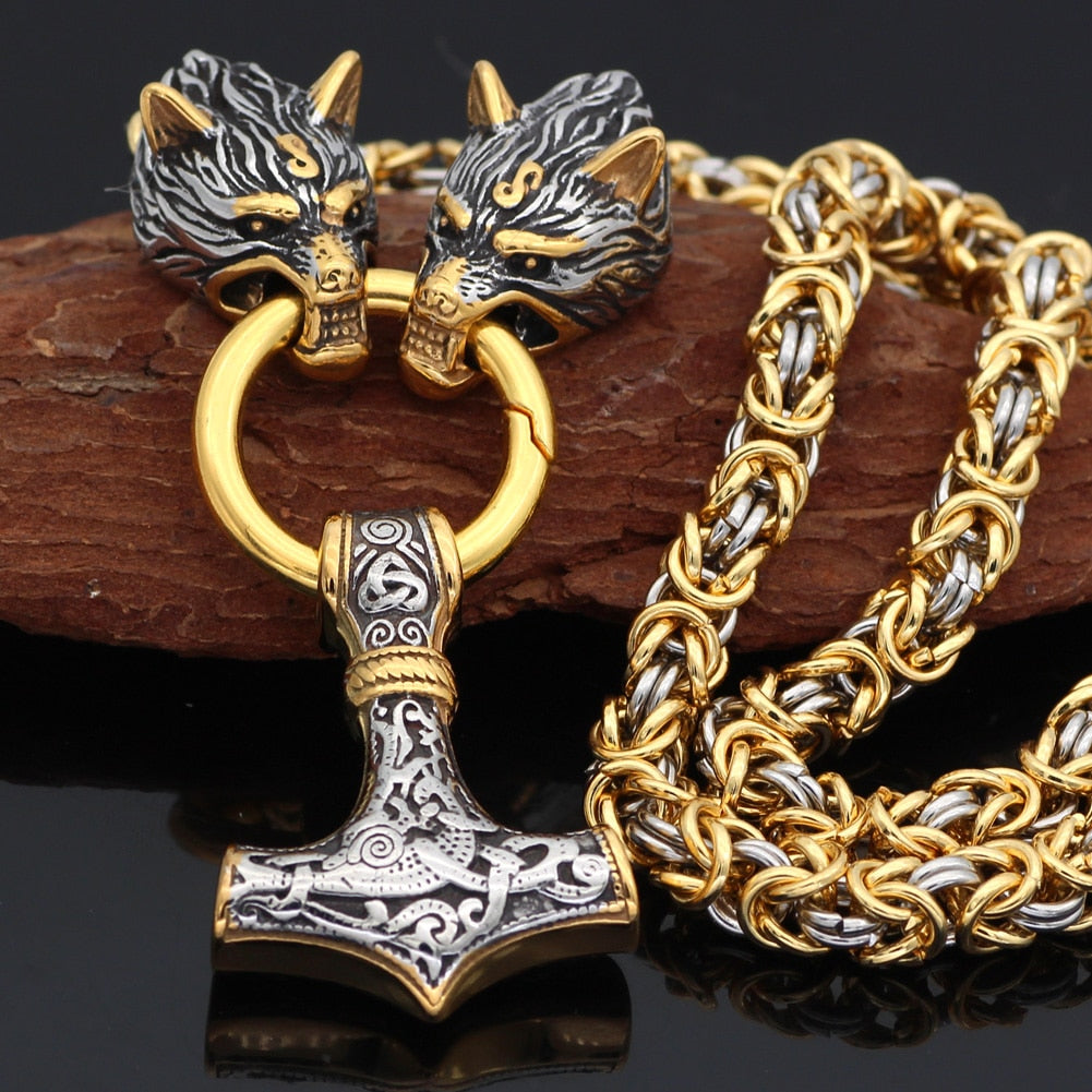 Men stainless steel Wolf head norse viking amulet necklace