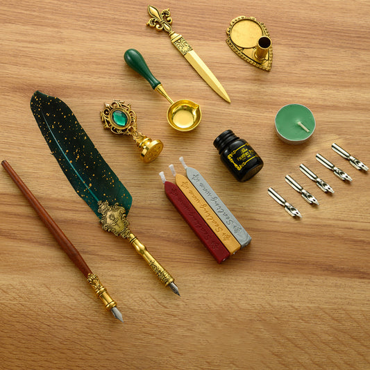 Antique Feather Wooden Dip Pen Set