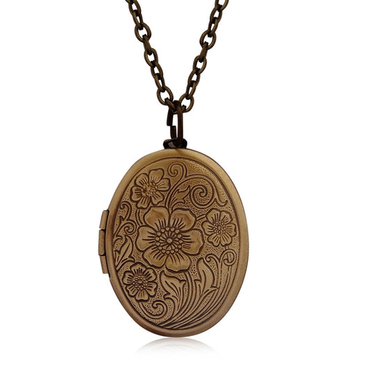 Oval Carved Flower Stripe Locket Pendant Necklace