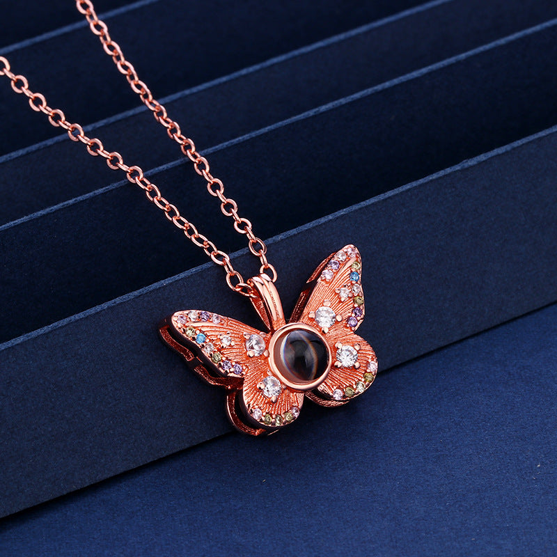 Colorful Diamond Butterfly Projection Necklace