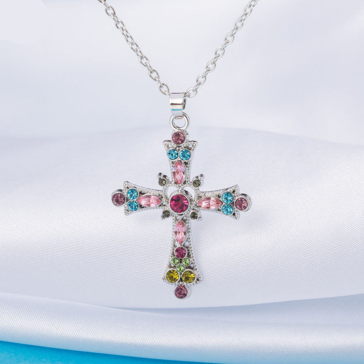 Bohemian Style Crystal Diamond Color Cross Necklace