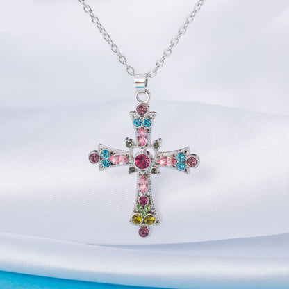 Bohemian Style Crystal Diamond Color Cross Necklace