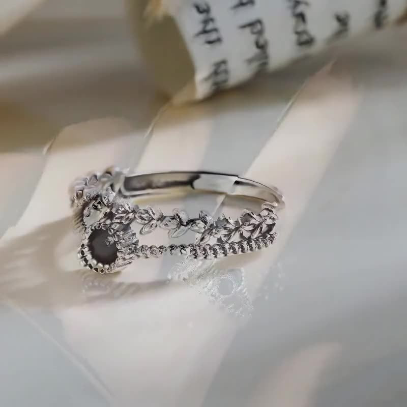 Square S925 Sterling Silver Black Zircon Leaf Ring Women's Design Minority Ring Fashion Personality Index Finger Ring