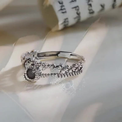 Square S925 Sterling Silver Black Zircon Leaf Ring Women's Design Minority Ring Fashion Personality Index Finger Ring