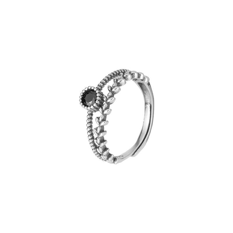 Square S925 Sterling Silver Black Zircon Leaf Ring Women's Design Minority Ring Fashion Personality Index Finger Ring