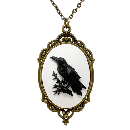 Raven Crow Necklace Gothic Victorian Cameo Dark Academia Jewelry Silver or Bronze