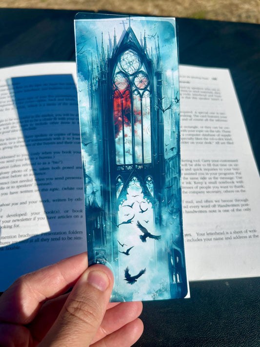 Gothic cathedral and ravens bookmark