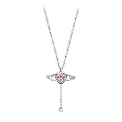 Pink Crystal Heart Angel Wings Pendant Necklace